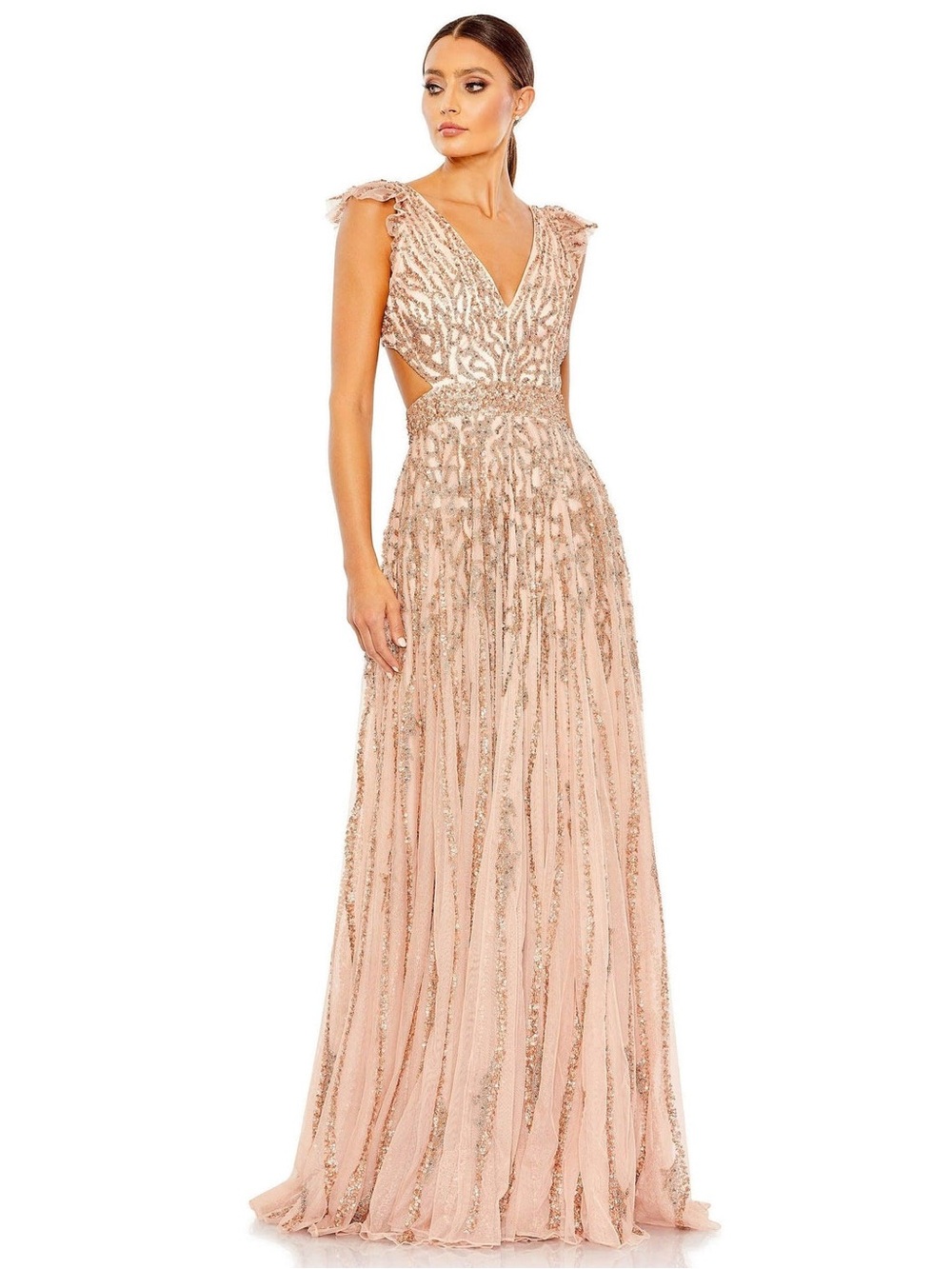 Mac Duggal 5682 Sequined Flutter Cap Sleeve Cut Out A Line Gown Size 10 NWT